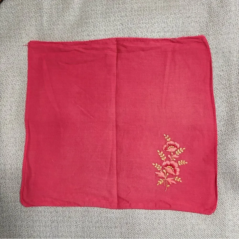 Vintage Red Embroidered Handkerchief Floral Cotton Cotton Hankie
